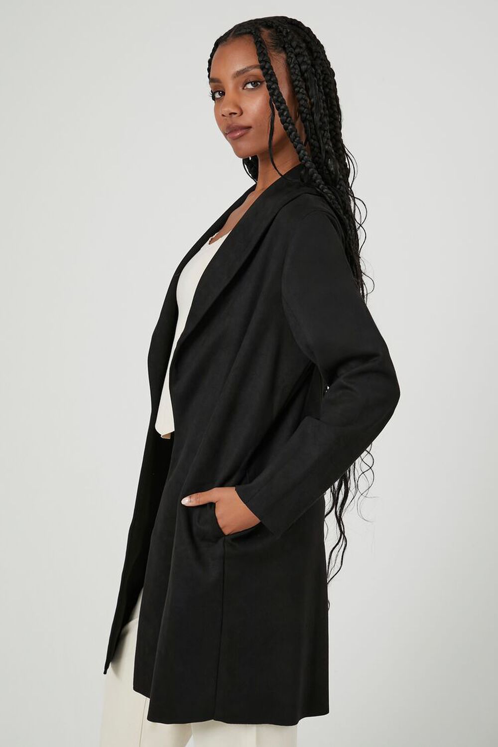 Faux Suede Open-Front Trench Coat